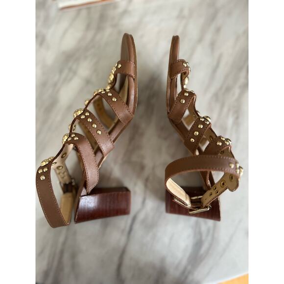 Brian Atwood Brown Leather & Gold Stud Gladiator Heeled Sandals - Picture 5 of 9